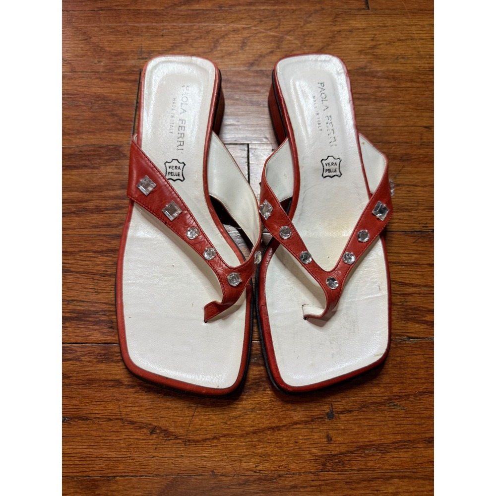 Paola Ferri Red White Leather Crystal Embellished Square Toe Thong Sandals 7